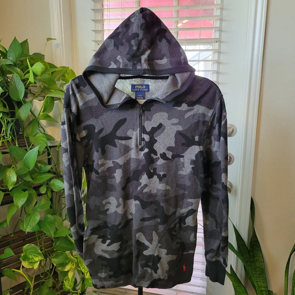 Polo Ralph Lauren Mens Camo Thermal Waffle Knit Quarter Zip Hoodie Grey Black S